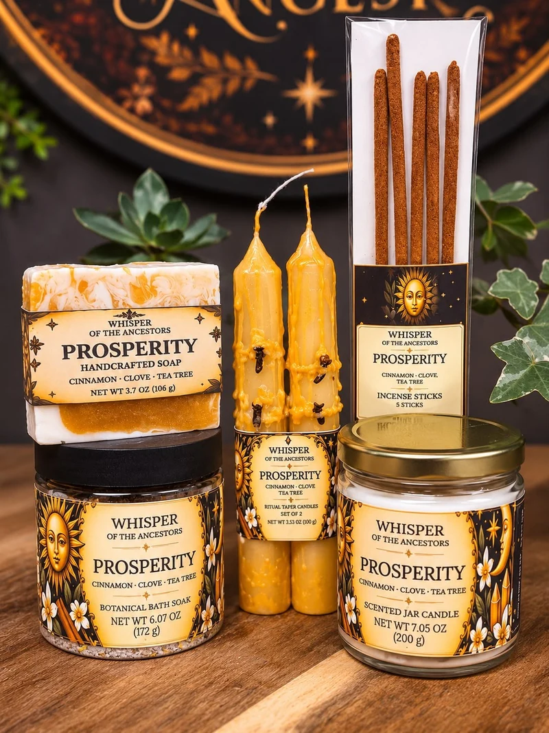 Prosperity Ritual Set — white and gold soap, golden taper candles with cloves, botanical bath soak, clear jar candle with a gold lid and five incense sticks with black and gold celestial labels