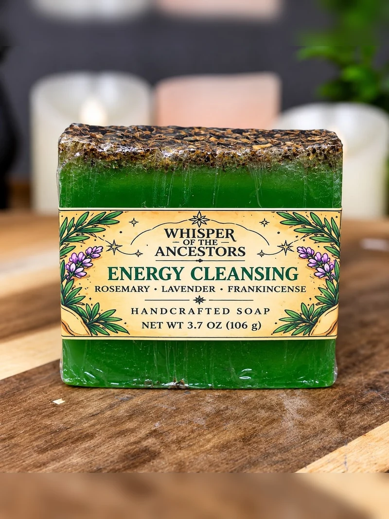 Green Energy Cleansing handcrafted soap bar topped with dried botanicals and wrapped with a paper band label