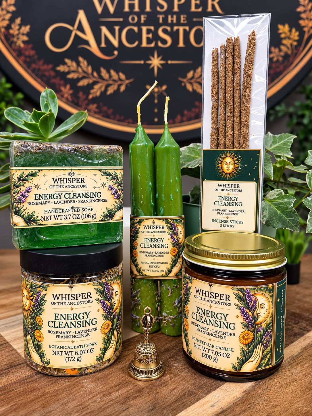 The full Energy Cleansing collection — handcrafted soap, botanical bath soak, taper candles, incense sticks and jar candle arranged in front of the Whisper of the Ancestors seal