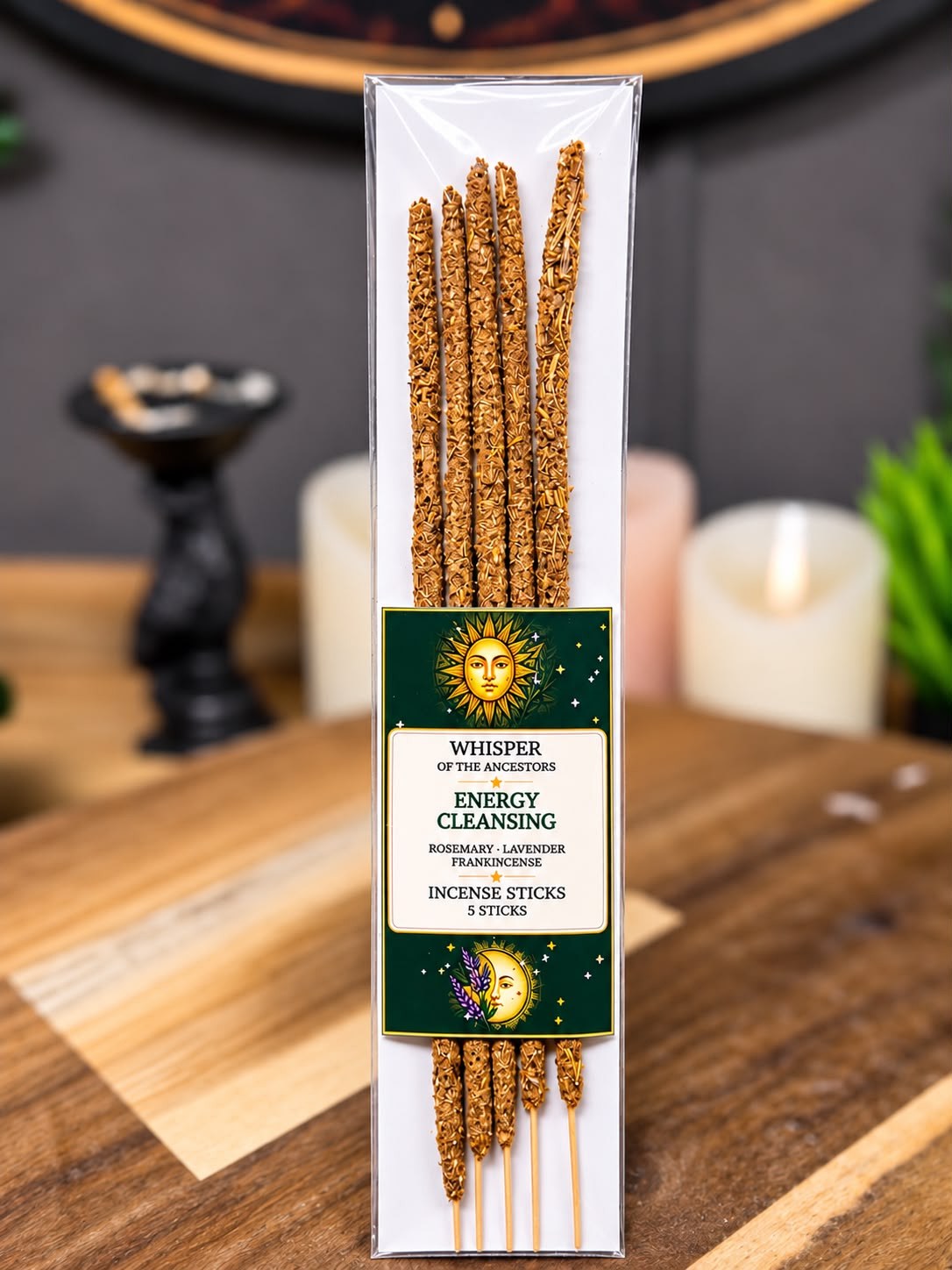 Package of five Energy Cleansing handmade incense sticks with a green sun-and-moon label